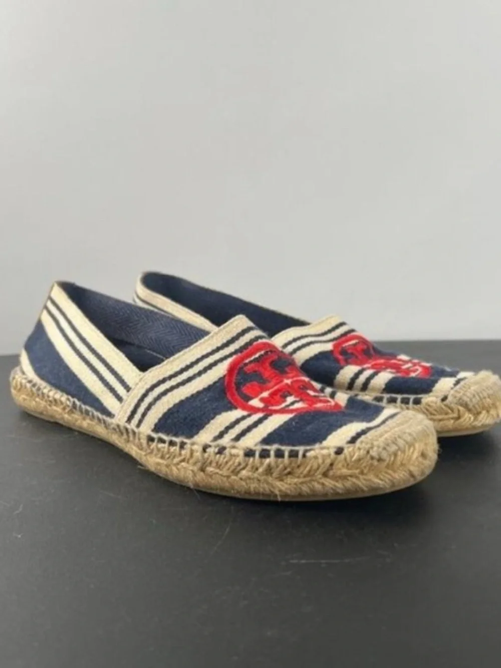 Tory Burch Navy & Cream Striped Espadrilles with Red Logo Embroidery